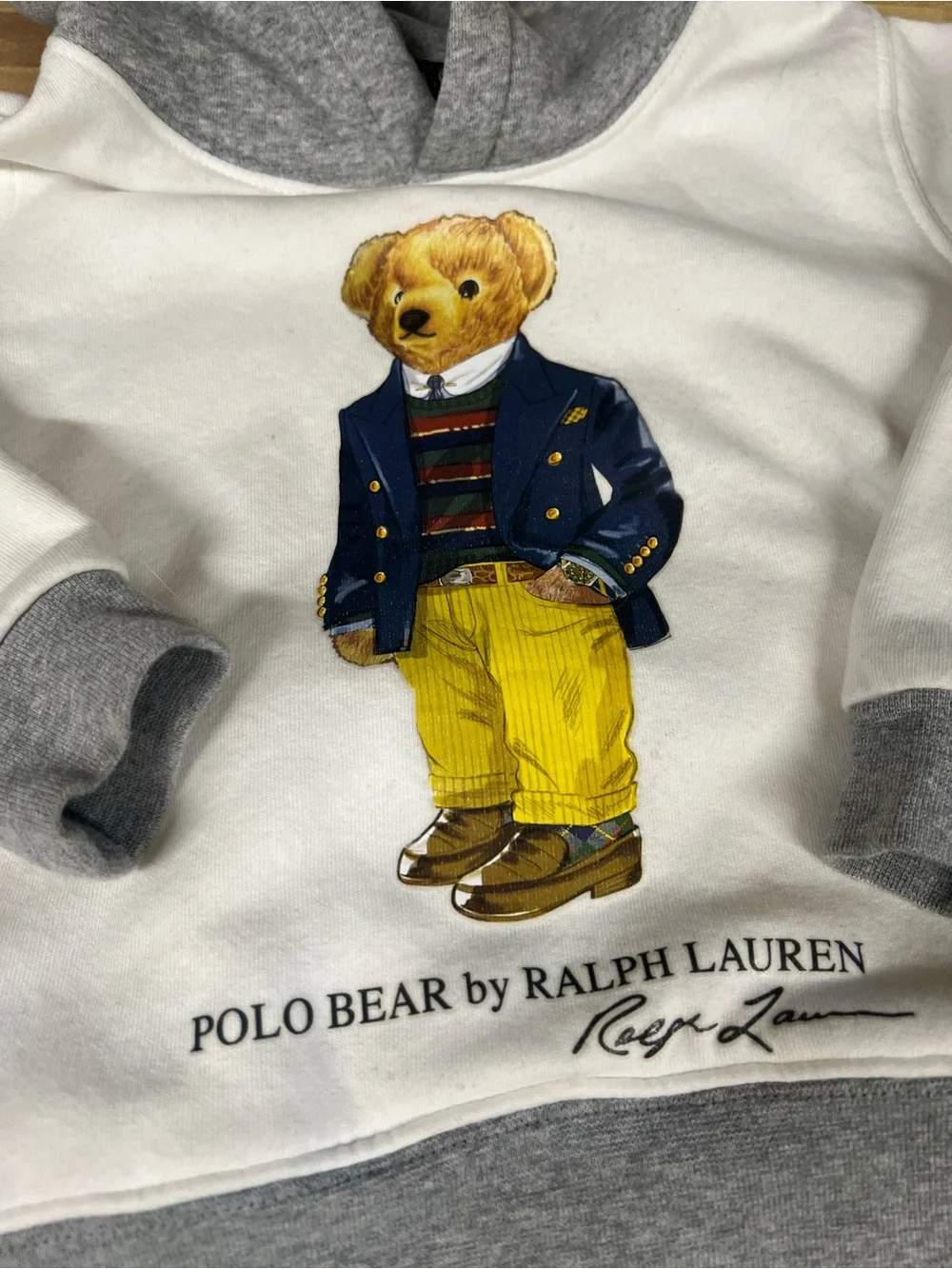 Ralph Lauren Kids Polo Bear Hoodie in White and Gray with Multicolor Bear